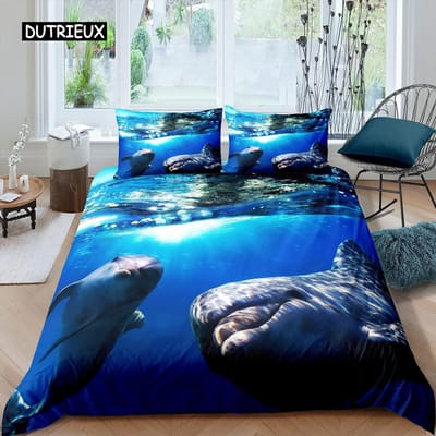 Kind Dolfijn Dekbedovertrek Set King Size Schattige Dolfijn Marien Leven Dekbedovertrek Microvezel Blauwe Golf Decor Quilt Hoes voor Tieners EU single(135x200cm)
