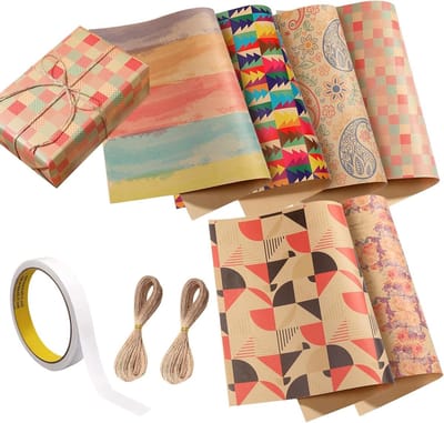 Kraftpapier 100 g/m² voor cadeauverpakkingen, verjaardag en kerst, 50 x 70 cm, inclusief henneptouw en plakband, met geometrische en bloemenmotieven