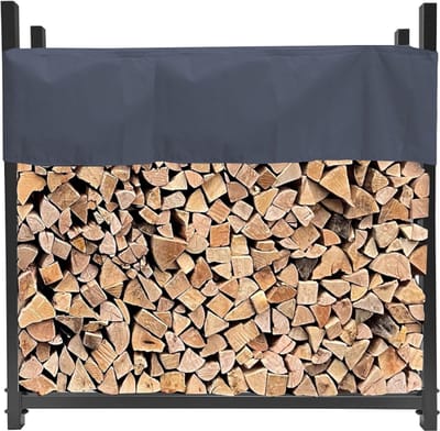 Aura® Houtrek – Houtopslag – Brandhoutrek Met Beschermhoes - Haardhout - Opslag – Rek Voor Binnen - en Buiten – Brandhout – Metaal – Grijs – 113cm x 25cm x 115cm