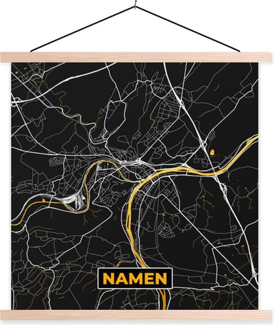 Posterhanger incl. Poster 40x40 cm - Schoolplaat - Kaart - Stadskaart - Namen - Goud - Plattegrond - Textielposter - Blanke latten - Stadskaart