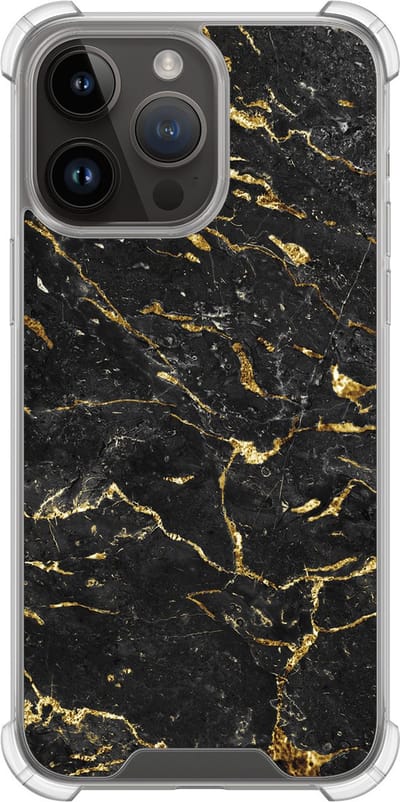 Shockproof hoesje - Geschikt voor iPhone 14 Pro Max - Marmer zwart goud - Extra sterke case - TPU/polycarbonaat - Marmer - Goud, Transparant
