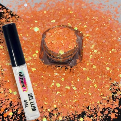 Festival Chunky Glitters Oranje 8g + Glitter Huid Lijm 4ML - Biologisch Afbreekbaar - Glitter voor Lichaam en Gezicht - Face & Body Make-up Jewels - Glitter Tattoo Set - Make Up Biodegradable - Glitter Tattoo Set