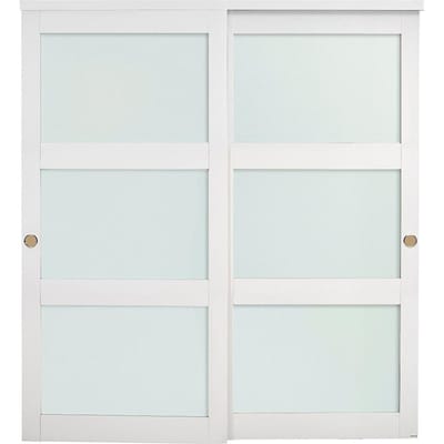 Porte de placard coulissante, 1829 mm (Double 940mm) x 2032 mm, Portes coulissantes à galandage 3 vantaux en verre dépoli avec kit de quincaillerie, Panneau en bois massif et MDF avec