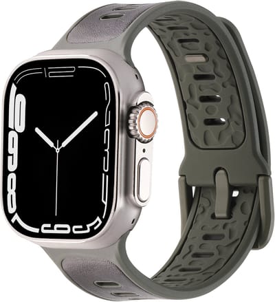 Stravo Sport Siliconen Horlogeband met Leerstructuur – Ademend Design met Contrasterende Kleuren – Geschikt voor Apple Watch 46mm (Series 11/10), 45mm (Series 9/8/7), 44mm (Series 6/5/4, SE 3/2/1), 49mm (Ultra 1/2/3) – Groen/zwart