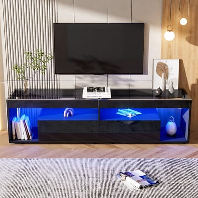 TV meubel zwart - TV kast hoogglans - TV dressoir LED - TV kast 70 inch - App bediening - Gehard glas - 2 lades - Woonkamer - 180 cm - Zwart