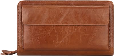 Echt lederen herenportemonnee - Meerdere kaartsleuven - Vintage portemonnee met dubbele ritssluiting - Geolied en gewaxt leer - 21,5*12*5 cm - Chocoladebruin - 1 stuk
