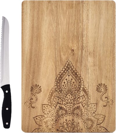 Rechthoekige houten snijplanken met mandala print 40 cm inclusief RVS broodmes 33 cm