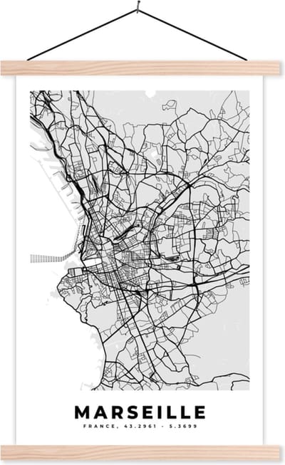 Posterhanger incl. Poster 40x60 cm - Schoolplaat - Marseille - Plattegrond - Frankrijk - Kaart - Stadskaart - Textielposter - Blanke latten - Stadskaart