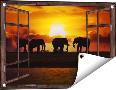 Gards Tuinposter Doorkijk Silhouet Olifanten tijdens Zonsondergang - 60x40 cm - Tuindoek - Tuindecoratie - Wanddecoratie buiten - Tuinschilderij