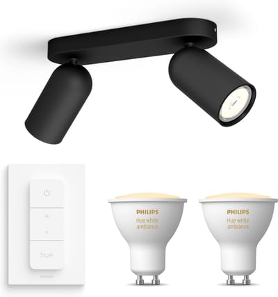 Philips Hue Pongee Opbouwspot (Zwart) - Warm tot Koelwit Licht - Incl. Hue Dimmer Switch - Plafondspot met 2 Lichtpunten - GU10 - Hue White Ambiance