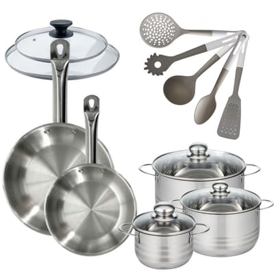Set van 2 Pannen 24/28cm Fackelmann Eterna met 3 Kookpotten 16/20/24 cm en 5 Fackelmann keukengerei
