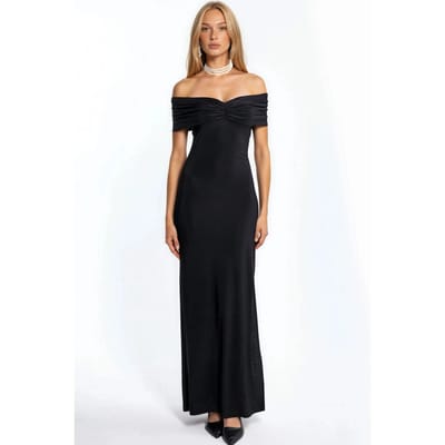 Off-Shoulder Split Gedetailleerde Zand Maxi-jurk