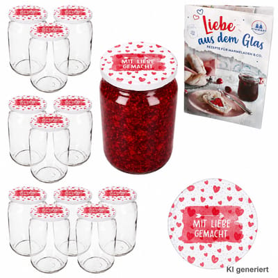 12-delige set ronde glazen 720 ml To 82 Mit Liebe gemacht deksel incl. Diamant Gelierzauber receptenboekje