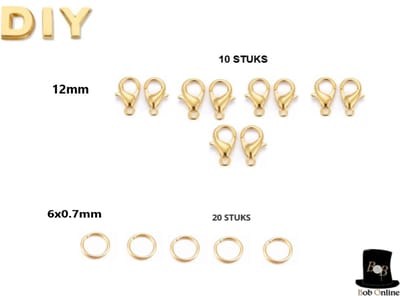 Bob Online ™ - 10 Stuks – Goudkleurige – 12 mm – Karabijnsluitingen + 20 Stuks – Buigringen 0.7*6 mm – 10 Pieces – Gold Lobster Claw Clasps + 20 Pcs 0.7*6 mm Open Jump Rings – Karabijnsluitingen – Buigringen – Sieraden Maken – Reparatie Kit