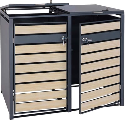 XL 2/4 delig Containerombouw met deksel - Kliko Ombouw - afvalbak - metaal 59kg antraciet ~ beukenhout look lichtbruin