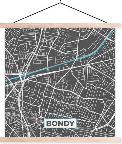 Posterhanger incl. Poster 40x40 cm - Schoolplaat - Bondy - Frankrijk - Kaart - Stadskaart - Plattegrond - Textielposter - Blanke latten - Stadskaart