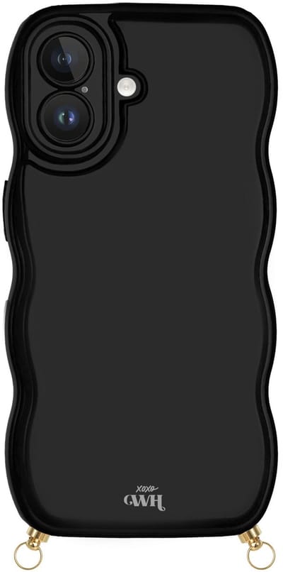 xoxo Wildhearts Glossy Wavy Cord Case Black telefoonhoesje - Geschikt voor iPhone 16 - Golvend hoesje geschikt voor telefoonkoord - Glimmende silicone case met golven - Vlekbestendig hoesje met haakjes - Zwart