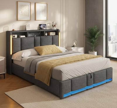 Polsterbett 140x190 cm met Opbergruimte, LED Verlichting & USB – Casa Velluto Milano Luxe Hydraulisch Bedframe met Lattenrost, Verstelbaar Hoofdbord, Donkergrijs, Zonder Matras