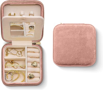 Fluvelen reissieradenorganizer met spiegel - compacte juwelendoos voor oorbellen, kettingen en armbanden - oudroze