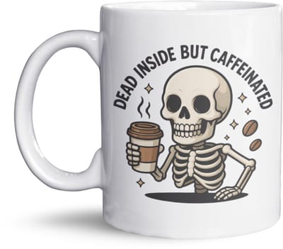 Dead Inside But Caffeinated Mok – 325 ml Keramische Koffiemok – Humoristische Mok met Skelet & Koffie – Cadeau voor Koffieliefhebbers, Collega’s & Vroege Vogels – Grappige Tekst – Perfect voor Thuis & Werk – Vaatwasser- en Magnetronbestendig