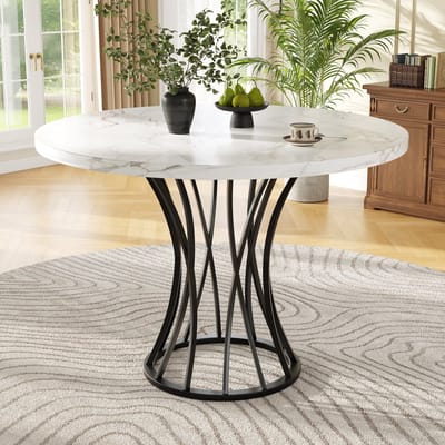 DESMIU Ronde Eettafel - Marmerlook Blad Met Metalen Poten - Voor Eetkamer, Woonkamer En Kantoor - MDF En Metaal - Zwart - 80x80x76 Cm