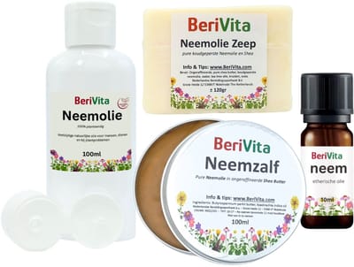 Neemolie Set van Neem boom, Azadirachta Indica uit India - 4x Neemproducten - Neemolie 100ml, Neemzeep 120gr, Neemzalf 100ml, Neem Etherische Olie 10ml