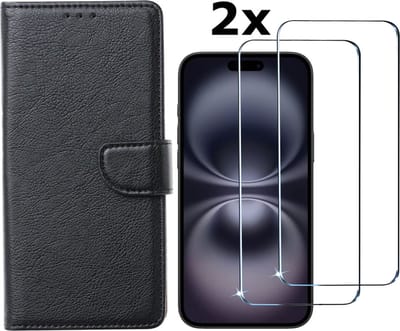 Hoesje Geschikt voor iPhone 16 Plus hoesje bookcase met 2 stuks screenprotectors – Zwart