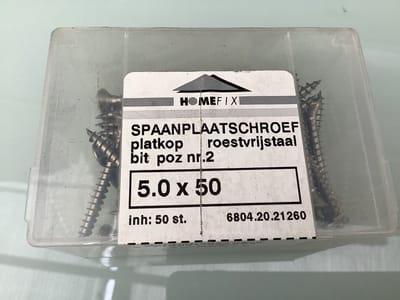 Homefix. Hout schroef. Rvs. Kruiskop plat kop. 5.0 x 50 mm. 50 stuks spaanplaat schroeven.
