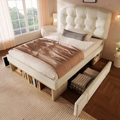 DESMIU Gestoffeerd Bed 90x200 cm - Hoogteverstelbaar Hoofdeinde - Bed Met Lades En Opbergruimte - Voor Jeugd En Slaapkamer - Fluweel - Beige Zonder Matras
