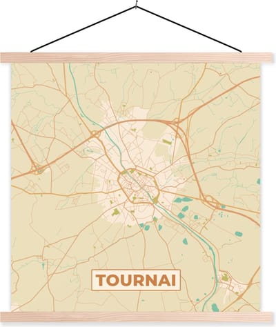 Posterhanger incl. Poster 40x40 cm - Schoolplaat - Retro - Tournai - Plattegrond - Stadskaart - Kaart - Textielposter - Blanke latten - Stadskaart