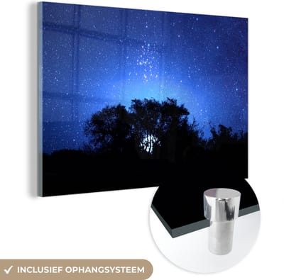 ® Glasschilderij 180x120 cm - Schilderij acrylglas - Vuurvliegjes boven een donker bos in de donkerblauwe lucht - Foto op glas - Muurdecoratie woonkamer - Wanddecoratie slaapkamer - Schilderijen