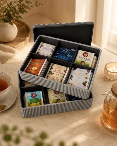 Tea Collection – Theedoos met Vakjes – Theezakjes Organizer – Geribbeld Design – Inclusief Deksel en 2 lagen