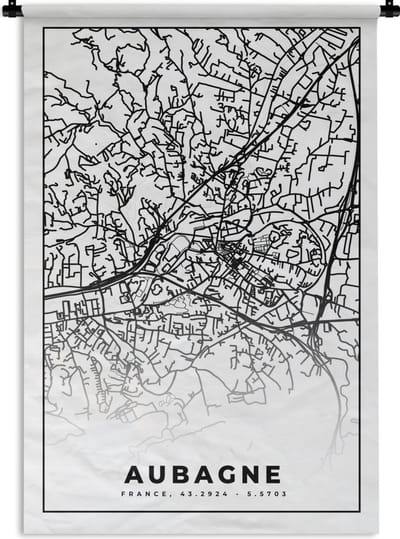 Wandkleed - Wanddoek - Plattegrond - Kaart - Frankrijk - Stadskaart - Aubagne - Zwart wit - 120x180 cm - Wandtapijt