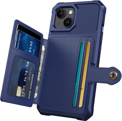Casemania Hoesje Geschikt voor Apple iPhone 15 Plus - Blauw - Luxe Back Cover met Pasjeshouder - RFID Bescherming - Wallet Case