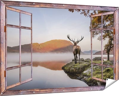 Gards Tuinposter Doorkijk Hert bij een Meer - 180x120 cm - Tuindoek - Tuindecoratie - Wanddecoratie buiten - Tuinschilderij