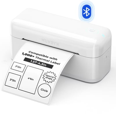 MUNBYN Bluetooth Labelprinter – Thermische Verzendlabel Printer – Draadloze Etiketprinter – Voor Pakketlabels, Barcode Labels en Productstickers – 1.57-4.3 inch – Zonder Inkt