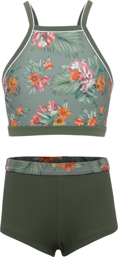 Bikini hipster broekje en cro top met racerback - Hawaii flowers Groen 140-146
