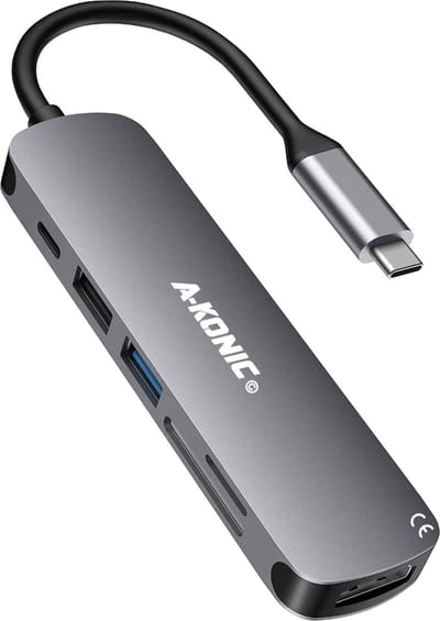 A-KONIC USB C HUB 6 in 1 - met / naar HDMI 4K, 2x USB 3.0 (thunderbolt), USB C opladen, Micro/SD card reader Hub – USB Splitter - Geschikt voor Apple Macbook Pro / Air, Lenovo, Samsung - Spacegrijs
