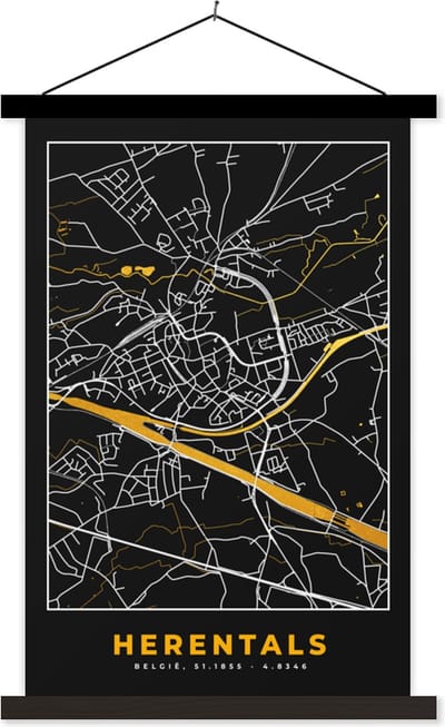 Posterhanger incl. Poster 40x60 cm - Schoolplaat - Stadskaart - Plattegrond - Kaart - Goud - Herentals - Textielposter - Zwarte latten - Stadskaart