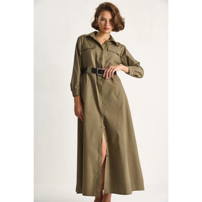 Maxi-jurk met lange mouwen, knoopsluiting en overhemdkraag