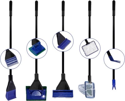 Aquarium Schoonmaakset - 5-in-1 Hulpmiddelen - Aquarium Onderhoud - Roestvrij Staal Krabber - 55-60 cm - Zwart