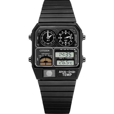 CITIZEN retro trendy klein vierkant Kwarts Stalen Bandzelfde stijl voor mannen en vrouwen zwart wijzerplaat JG2105-93E zwart