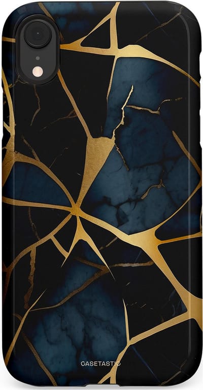 Casetastic hoesje geschikt voor Apple iPhone XR - Dubbellaagse bescherming - Sterrennacht Marmer Goud - Fashion Case - Zwart Goud Donkerblauw