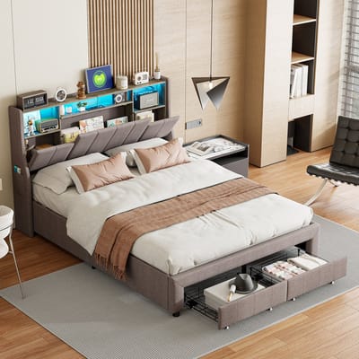 Tweepersoonsbed 140x200cm met 2 Lades, LED Verlichting en USB-C Opladen, Massief Houten Bed met Lattenbodem, Linnen Bekleding, Grijs