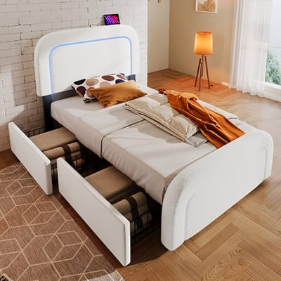 KOMHTOM Bed Volwassenenbed 90x200 cm met 2 laden met USB Type C LED verlichting in hoogte verstelbaar hoofdbord wit