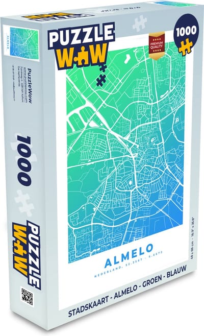 Puzzel Stadskaart - Almelo - Groen - Blauw - Legpuzzel - Puzzel 1000 stukjes volwassenen - Plattegrond