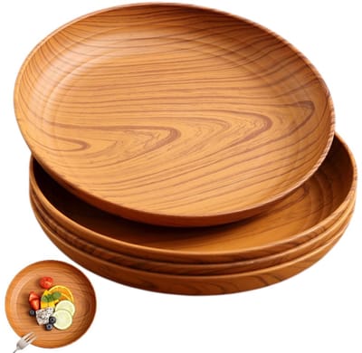 4 stuks - dinerbord - rond serviesbord - houtlook bord - ontbijtbord - lichtbruin - Ronde Kunsthout Dessertbord - Ronde Houtnerf Dinerborden Set - Stapelbare Ronde Kunsthout Borden - Houtnerf Ronde Borden Set