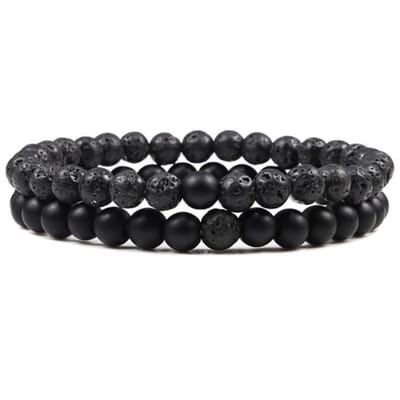 Fako Bijoux® - Dubbele Kralen Armband - 6mm - Twee Natuursteen Armbanden - Lavasteen & Zwart