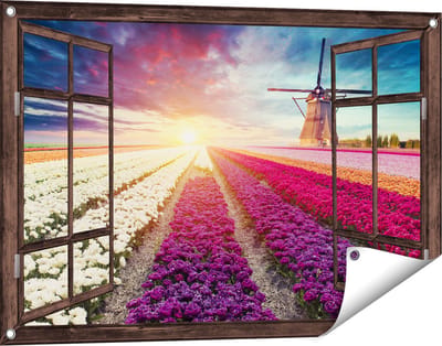 Gards Tuinposter Doorkijk Kleurrijke Tulpen Bloemenveld - Windmolen - 90x60 cm - Tuindoek - Tuindecoratie - Wanddecoratie buiten - Tuinschilderij
