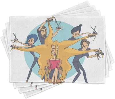 ABAKUHAUS kappers-plaatsmatten, Comic-Art-groep kappers: Een kapsel op een blond langharig model, tafeldecoratie van kleurvast stof voor eetkamer en keuken, veelkleurig